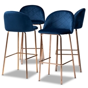 Baxton Studio Addie Luxe and Glam Navy Blue Velvet Fabric Upholstered and Rose Gold Finished 4-Piece Bar Stool Set